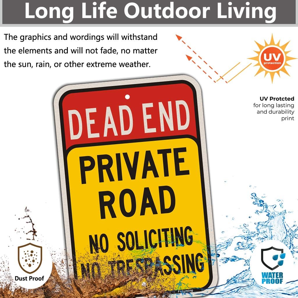 2 Pack Dead End Private Road No Trespassing No Soliciting Sign 18 x 12 Inches Private Driveway Sign Metal Reflective Sturdy Rust Aluminum Waterproof Easy to Install