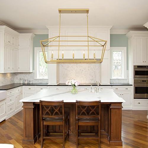 Miniatura 3 de Untrammelife Lámpara colgante de isla de cocina de 5 luces, lámpara colgante de linterna dorada, lámpara lineal moderna rectangular con varilla