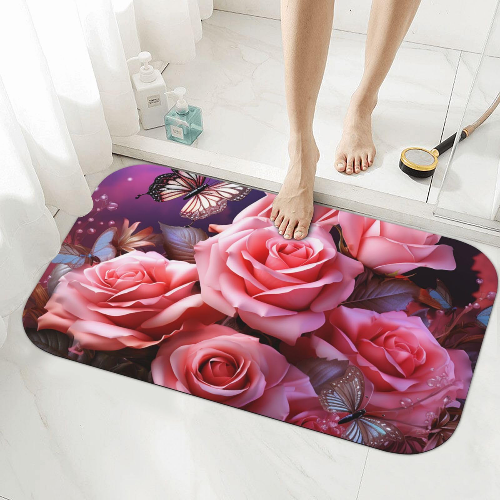 Tapis de bain en pierre rose aux papillons en diatomite pour douche et baignoire 50x80cm