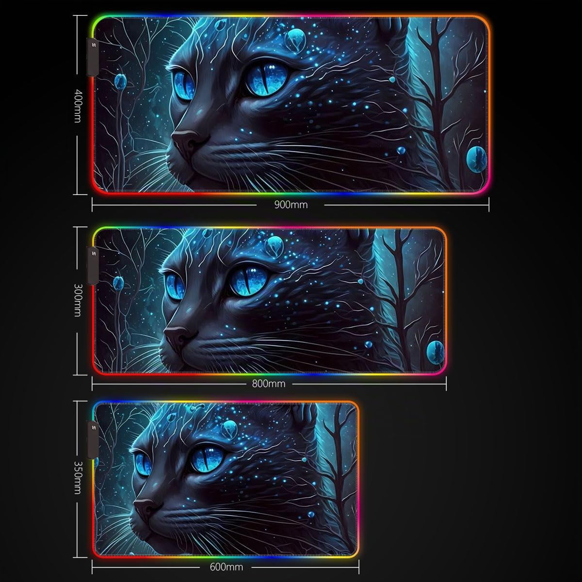 Tapis de Souris de Jeu RGB XXL Grand Tapis de Souris de Jeu LED 14 Modes d'éclairage 7 Couleurs Surface étanche Clavier étendu Tapis de Souris pour Ordinateur Gamer Chat Siamois 40 x 90 cm