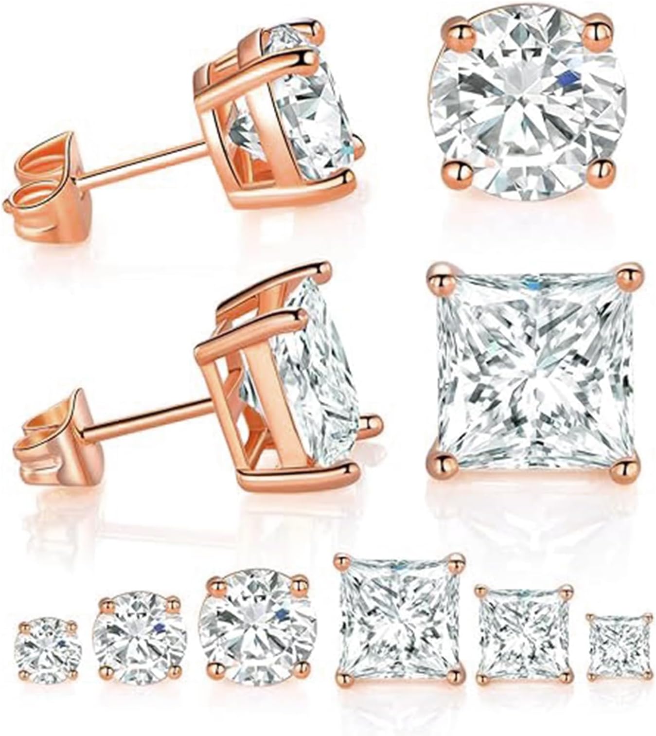 6 Pairs Stud Earrings set, 4mm/6mm/8mm 18K Gold Plated Princess & Round Cubic Zirconia Earrings Nickel Free Earrings CZ Earring for Women Men