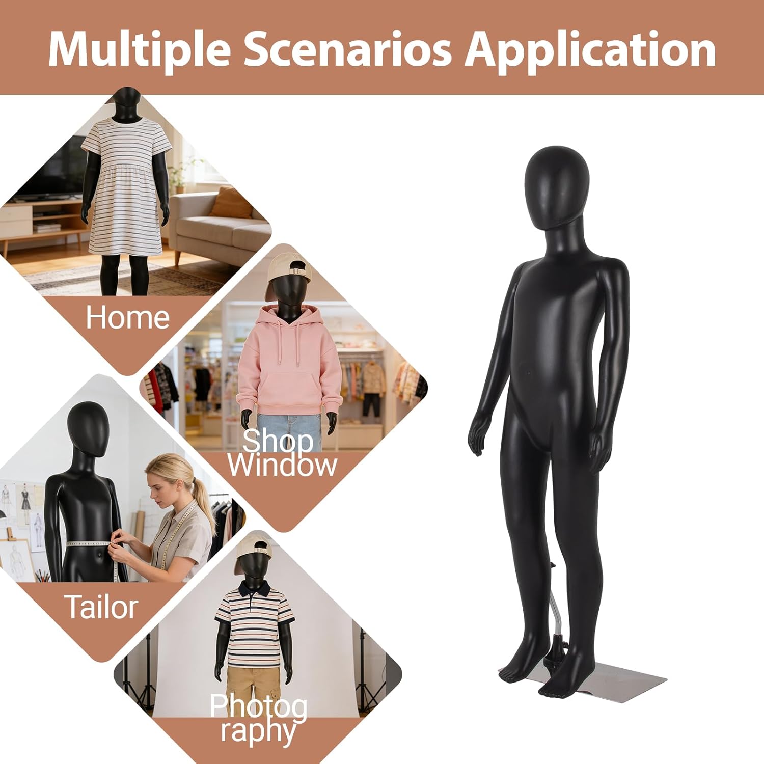 Kinfant Child Mannequin, Black Children Dress Form Mannequins, Kids Mannequins Full Body 43.3 Inches, Realistic Detachable Manikin Body Display with Metal Base