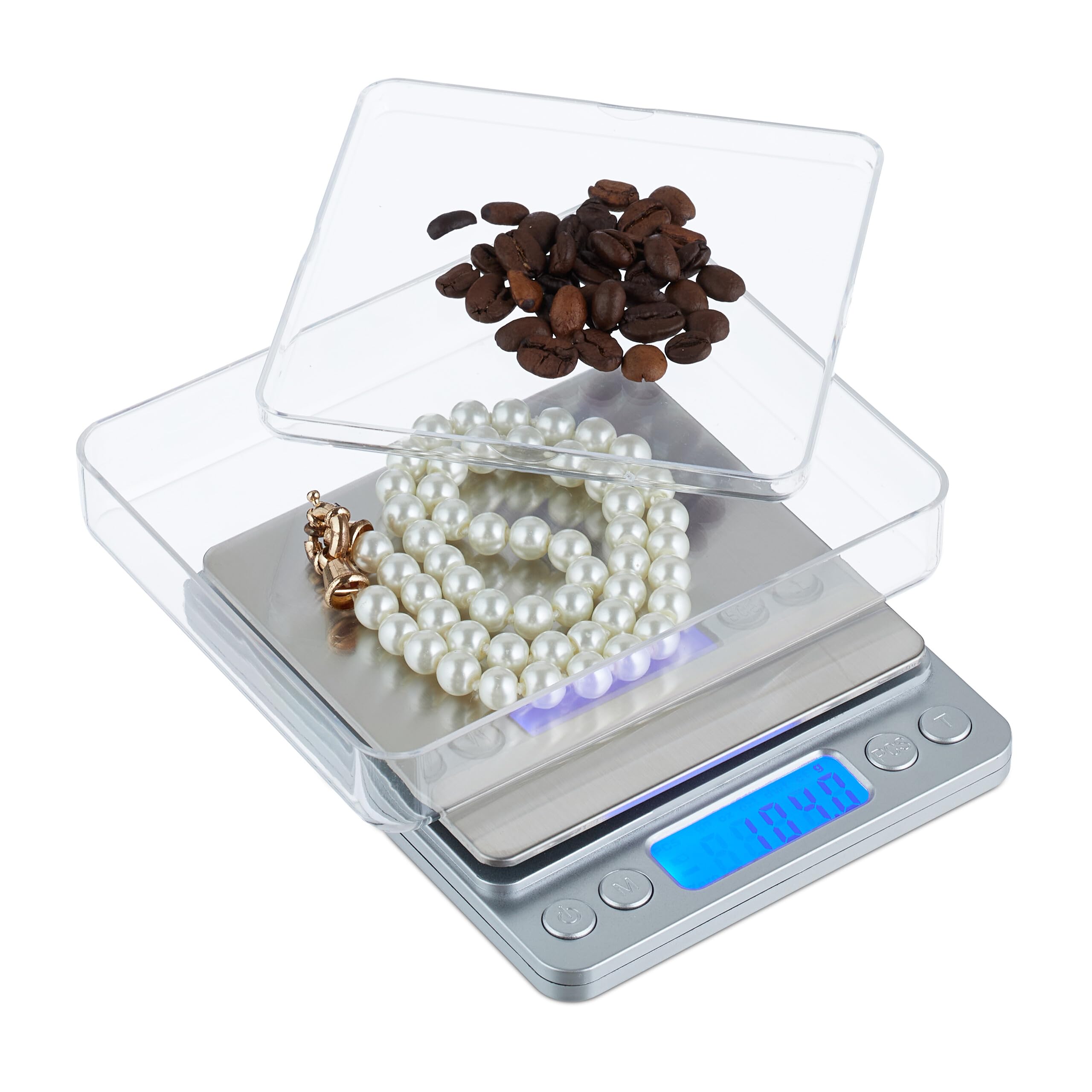 Balance de précision 0.01g Relaxdays pour pesage de bijoux et cuisine, fonction tare, argentée