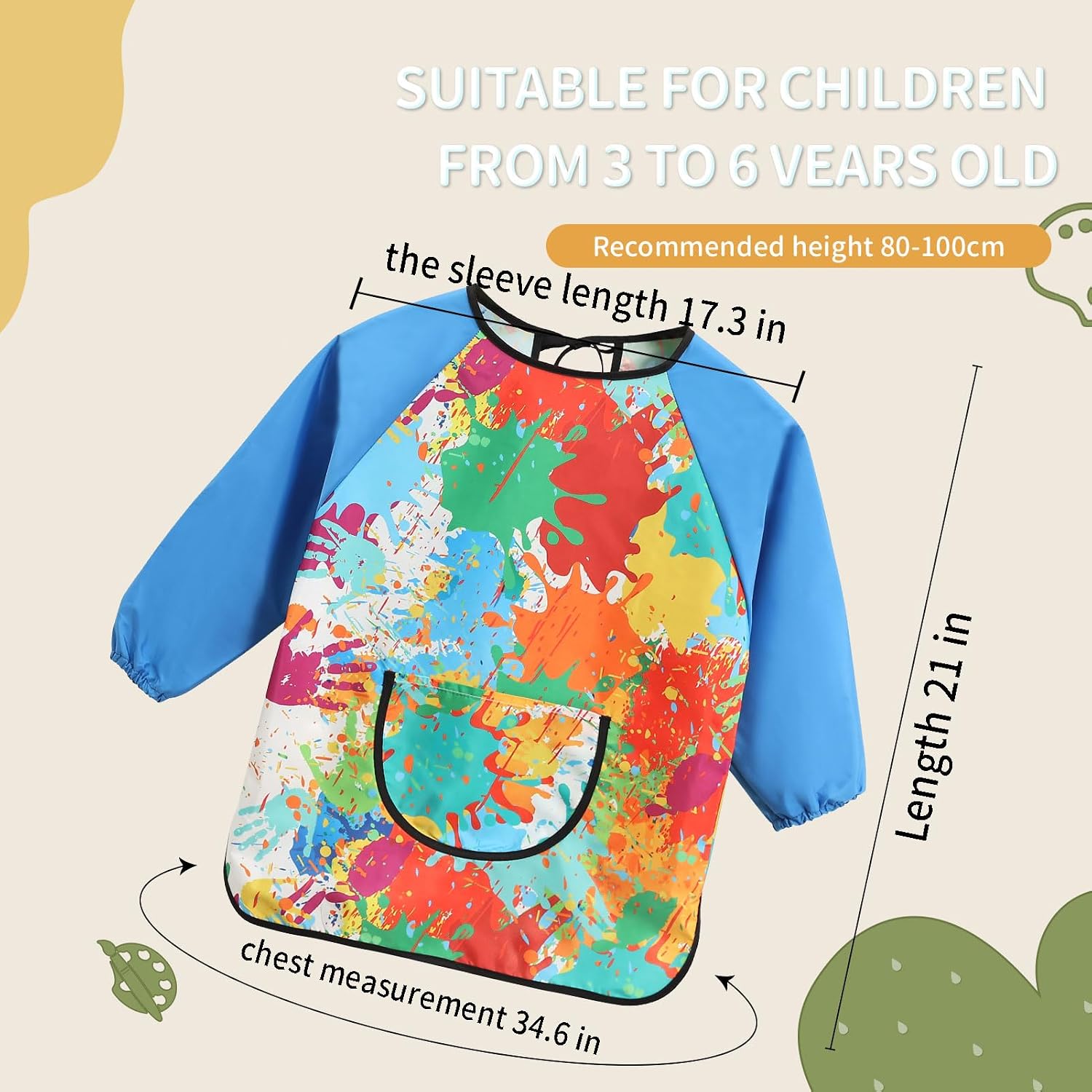 2-Pack Kids Doodle Art Smocks, Waterproof Painting Aprons for Children, Long Sleeves with Large Pockets, Suitable for Ages 3-8