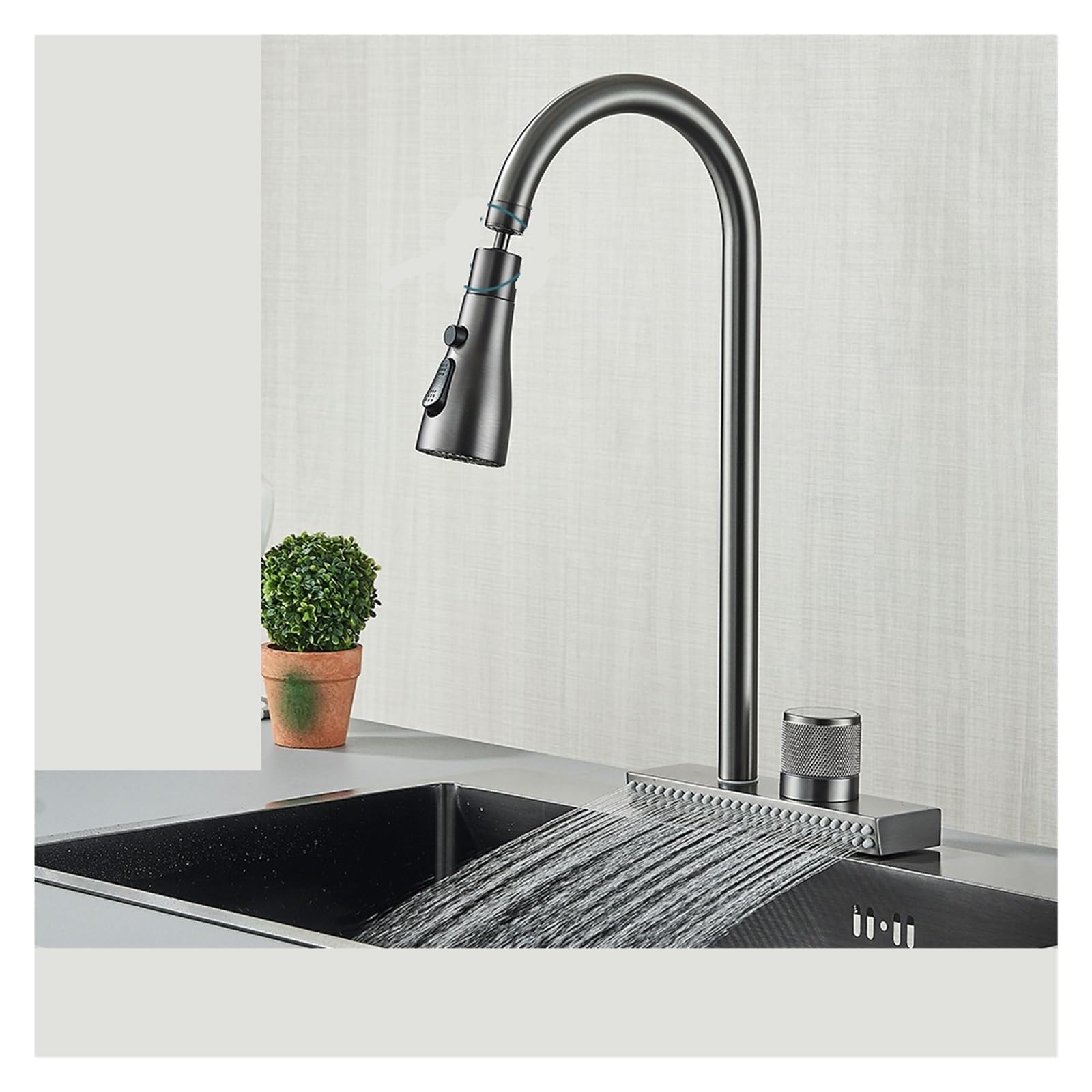 Robinet de cuisine cascade noir en laiton avec douchette extractible