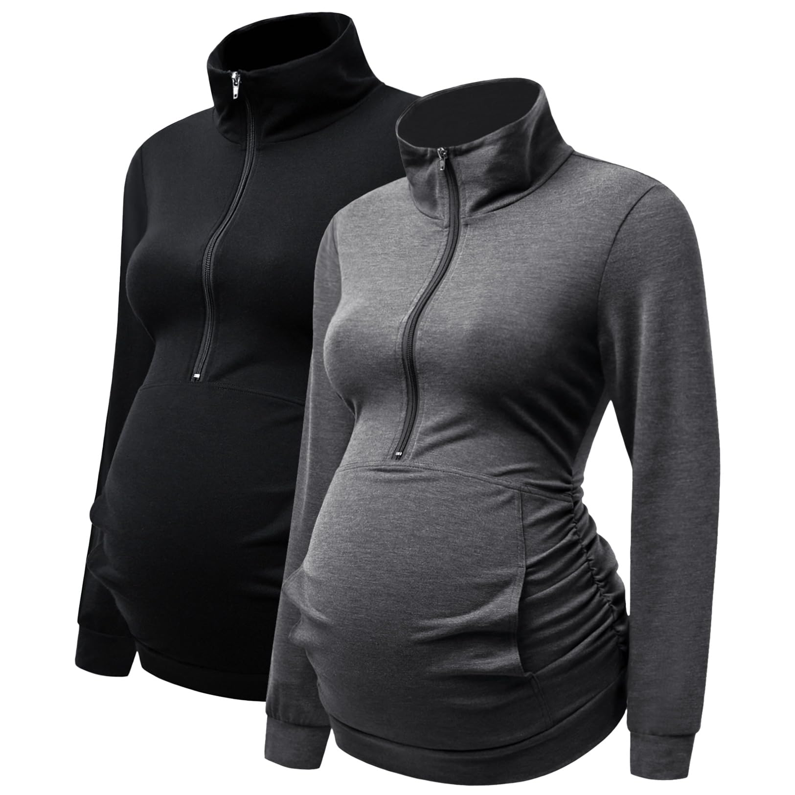 DEBELLY Umstandsshirt mit Tasche für Damen, Revers, lässig, Schwangerschaft, Langarm, Reißverschluss, Kapuzenpullover
