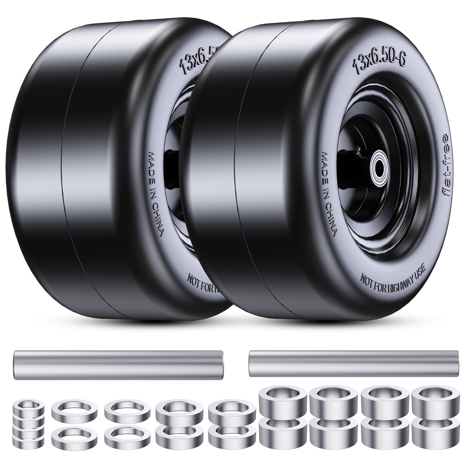 13x6.50-6" Flat Free Lawn Mower Tires, Universal Fit Solid Front Tires for Zero Turn Mowers, Adjustable Hub with 3/4" &amp; 5/8" Bearings for Residential &amp; Commercial Use, 2 Pack, Large Bearing Design