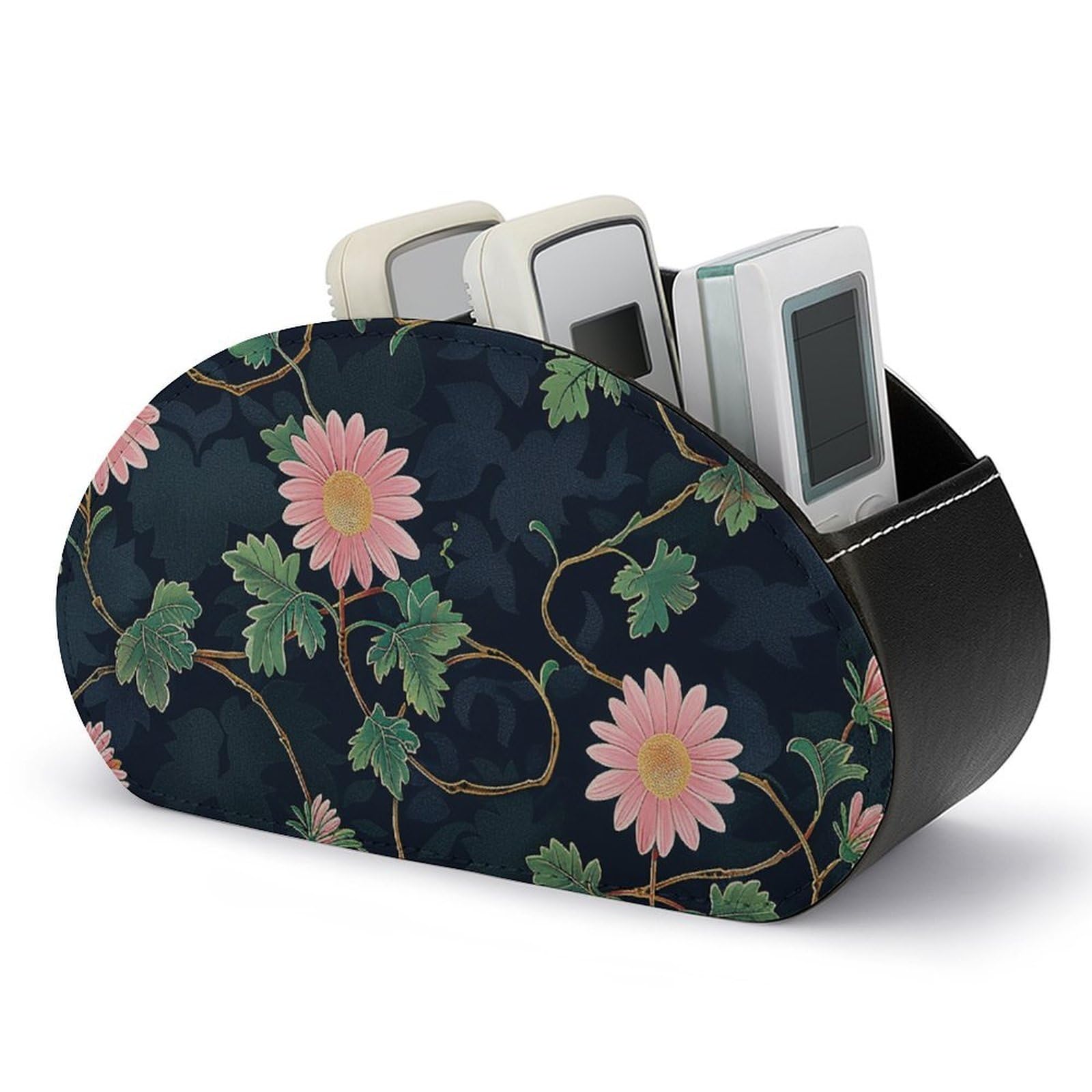 NTVOWPZO Daisies And Vines Remote Control Holder with 5 Compartment Organizer Box, Leather TV Remote Holder Organizer Caddy for Table, PU Leather Remote Box for Nightstand Office Desk Storage Box
