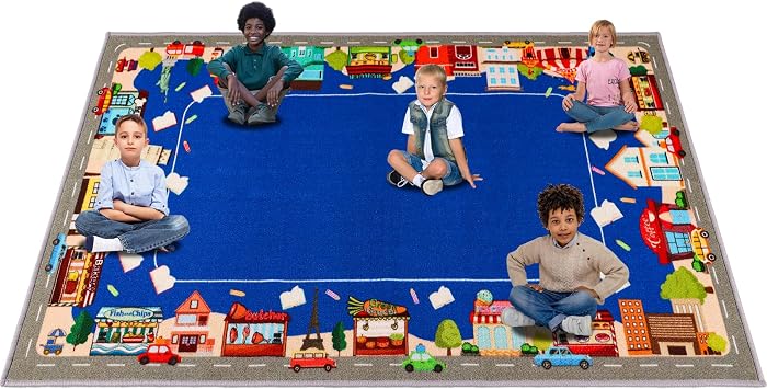 Classroom Carpets Kid Rug, 7.713.3 City Street View, Reading Seat Area Rug Educational Carpet for Classroom Elementary Learning Area, Nylon Surface, Non-Slip Latex Backing