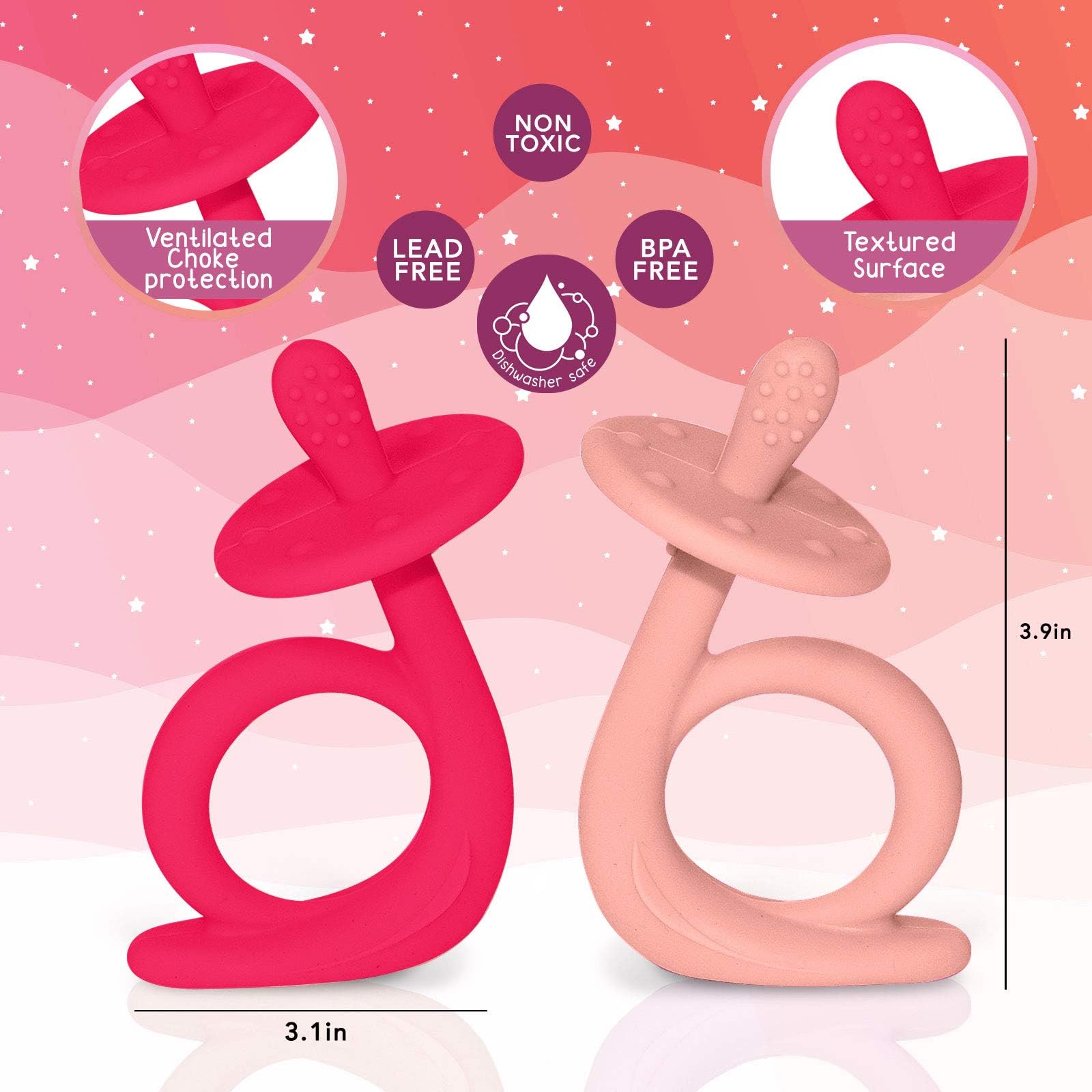 Baby Teething Toys, Silicone Baby Teether Chew Toys Freezer Safe BPA Free, Soothe Babies Gums - Dark & Light Pink