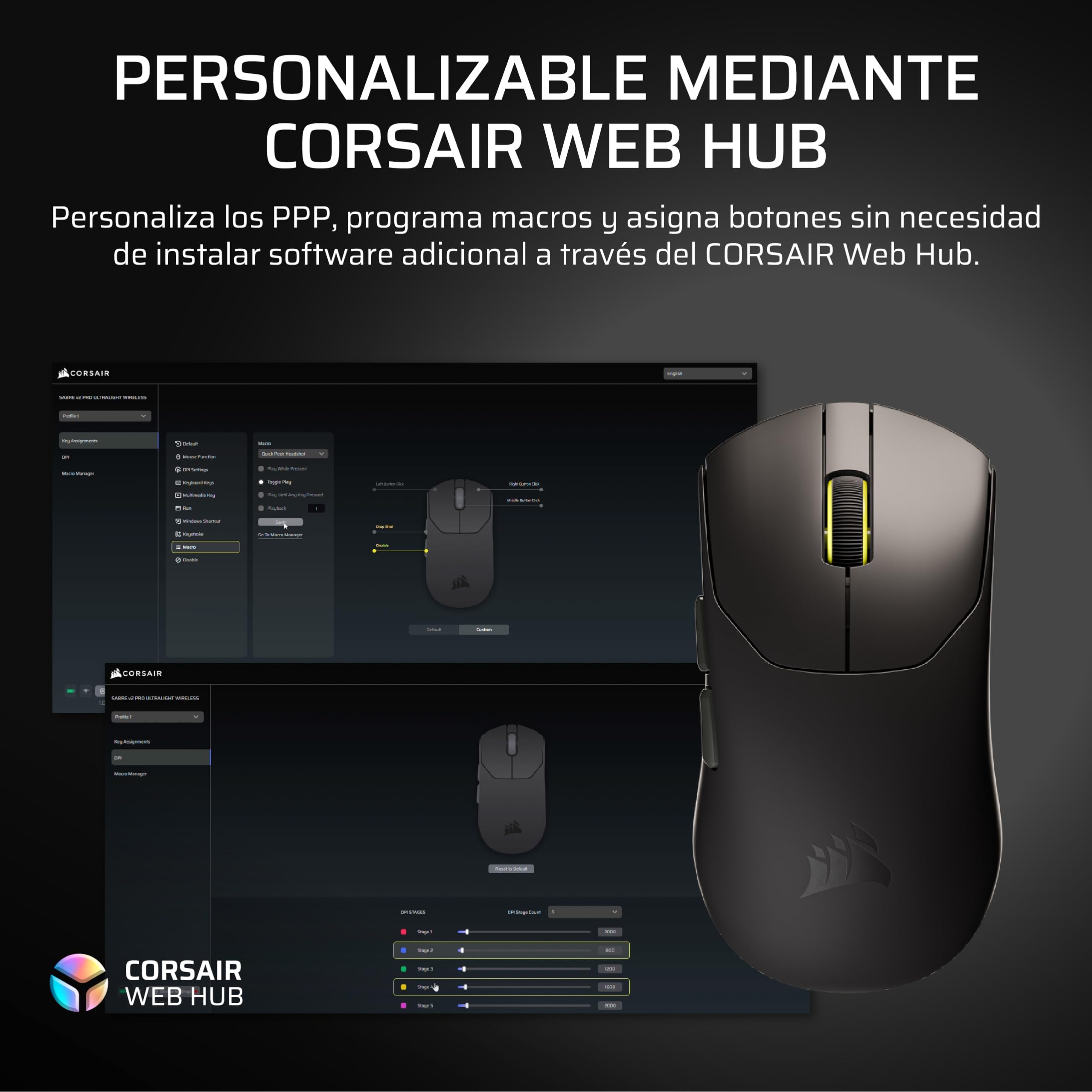 Corsair Sabre v2 Pro Ultralight Wireless FPS Ratón Gaming – 33K dpi, 36g Peso, 8,000Hz Sondeo Avanzado, Interruptores Mecánicos, hasta 70 Horas de Duración de la Batería, Web Hub – Negro