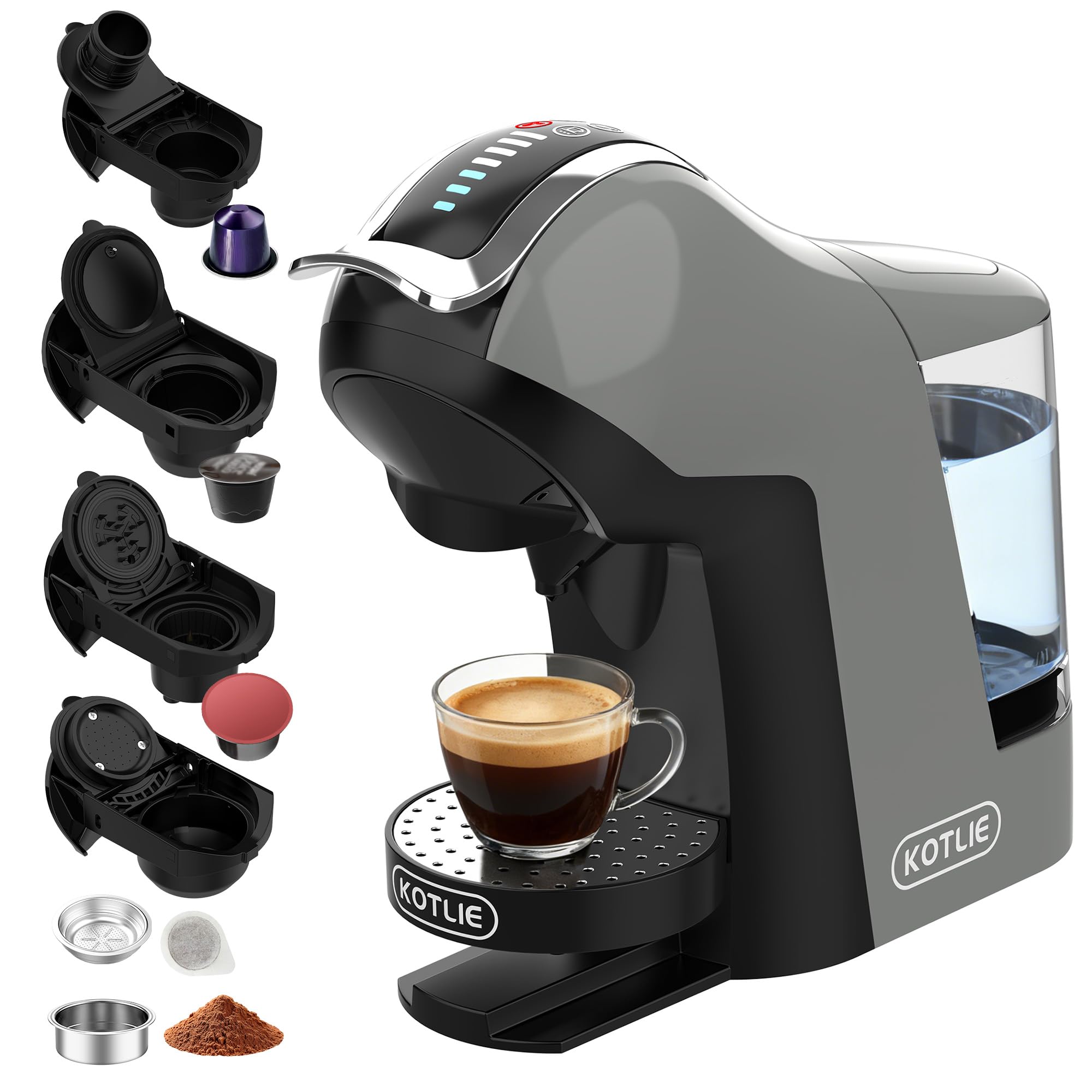 Upgrade Máquina de Cápsulas Café Espresso 5 en 1 19 Bar para Nespresso/Dolce Gusto/LAVAZZA MIO/LOR y Café Molido/ESE, Cafeteras Automáticas Pequeñas con Cápsulas, EM-308B (Gris)