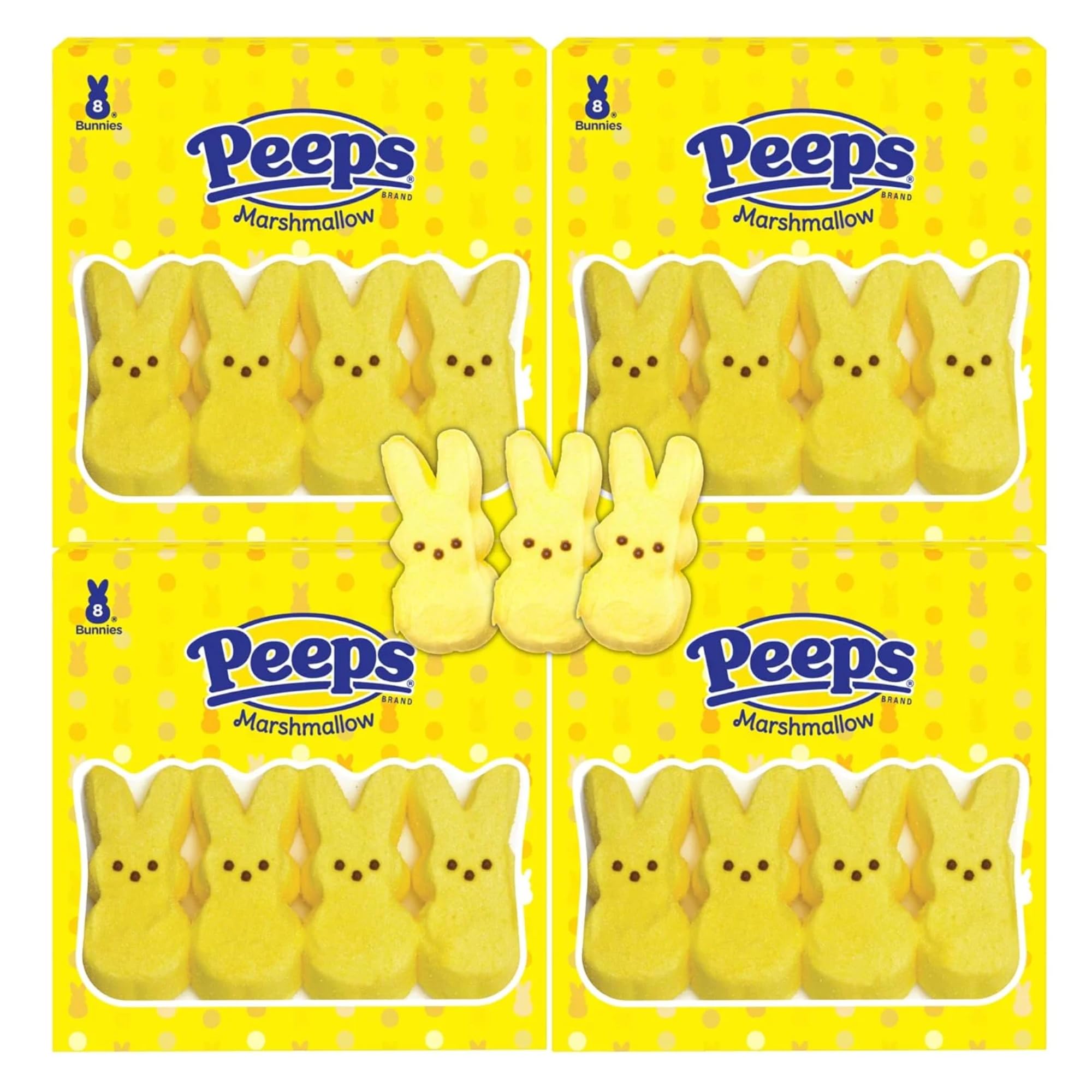 Needzo Bulk Marshmallow Easter Candy Basket Stuffers, Original Flavored Yellow Bunny Shaped Sugar Coated Fluffy Marshmallows, Dessert Toppers for Cakes Cupcakes & Cookies, 8 Count (Pack of 4) 32 Pcs