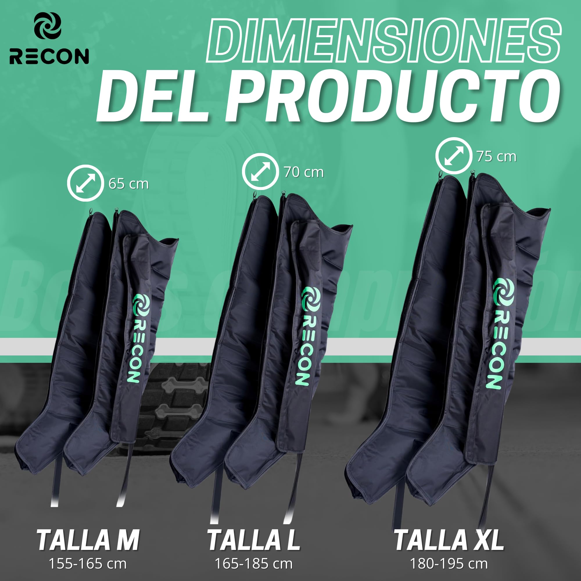Botas de Presoterapia Masajeador piernas con 8 cámaras 6 modos de masaje y batería. Equipo profesional. Recon®. (XL)