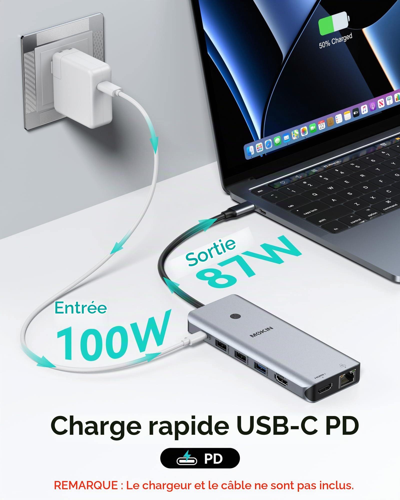 MOKiN Station d'accueil USB C Double Moniteur, 13 en 1 HUB USB C Dual HDMI | 4K@60Hz, Gigabit Ethernet, Charge Rapide PD 100 W, Docking Station 2 HDMI pour Ordinateurs Portables MacBook/Dell/HP