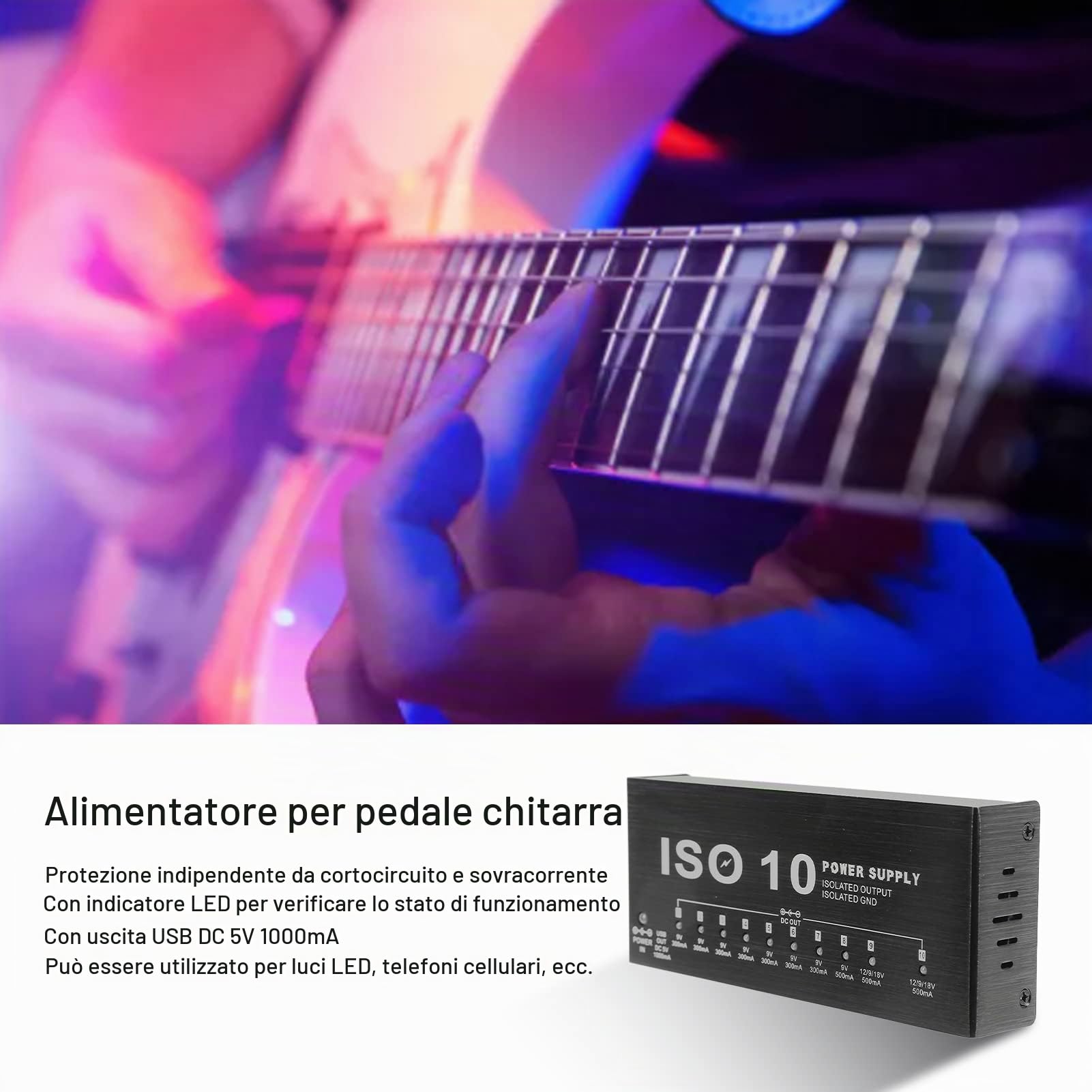 Alimentatore per Pedali per Chitarra DC 12V Alimentatore per Pedaliera in Metallo 10 Potenza Multieffetto in Uscita Isolata con 2 Cavi di Conversione da 3,5 Mm a Tensione Regolabile(EU Plug)