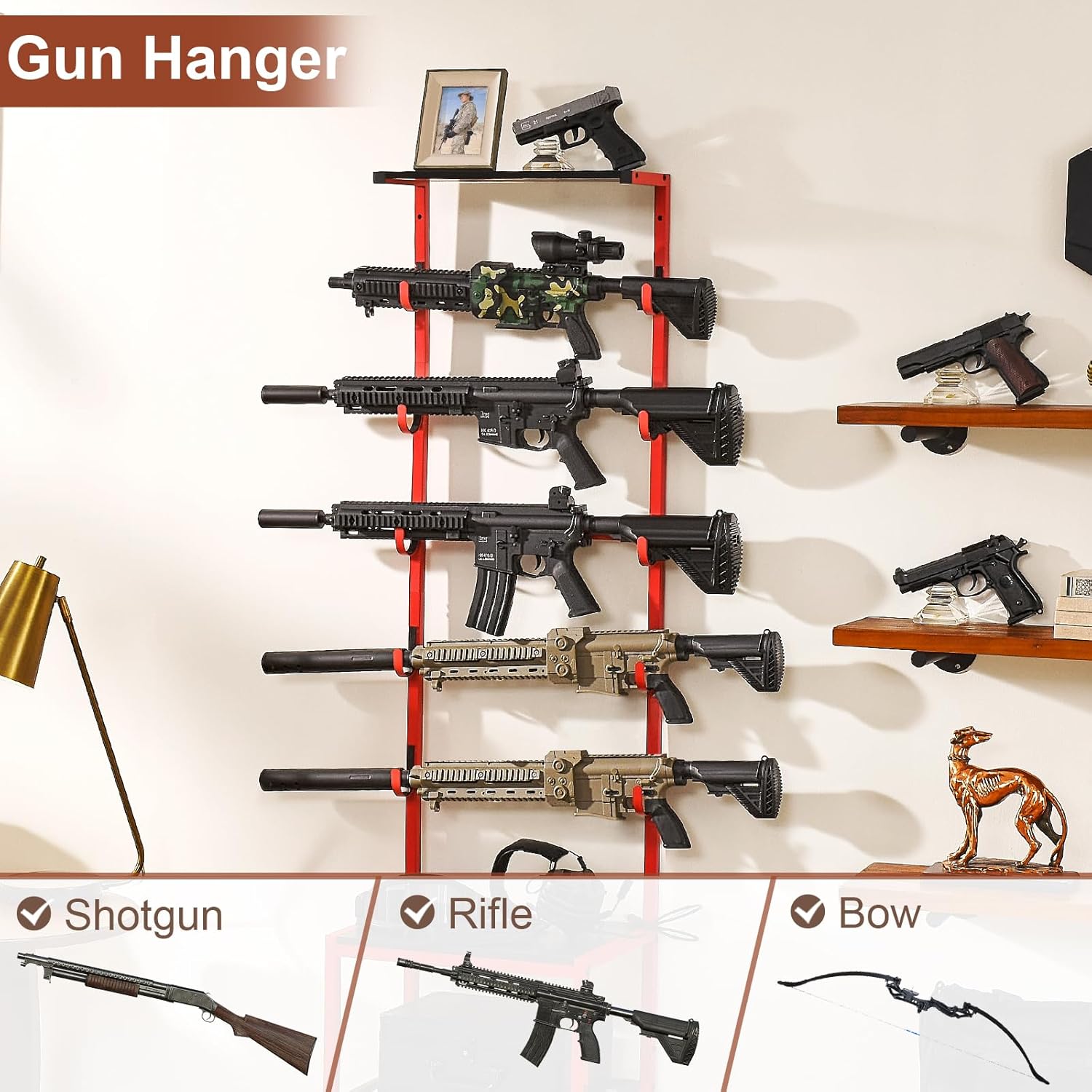 Poyilooo Gun Rack, Indoor Gun Racks for Wall Mount Gun Display Stand, Floor Gun Stand Holds up 5 Guns Storage Airgun Rifle Holder Hunting Gun Shelf (Red, Medium-17.3" L)