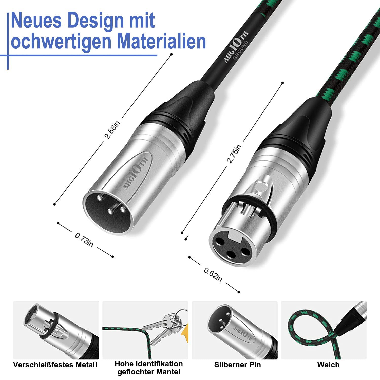 Cable de micrófono XLR a XLR Pro de 2 metros, paquete de 2 cables XLR macho a hembra de 3 pines, cable de micrófono blindado equilibrado verde para mezclador amplificador, sistemas de