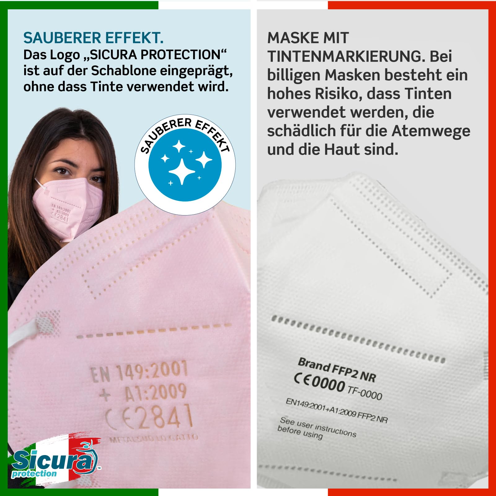 SICURA MASCHERINE CHIRURGICHE 50 FFP2 Masken in der Farbe PINK CE zertifiziert SAFE Italy geprägtes Logo BFE ≥99% Made in Italy sanitiziert und einzeln versiegelt FFP2-Masken