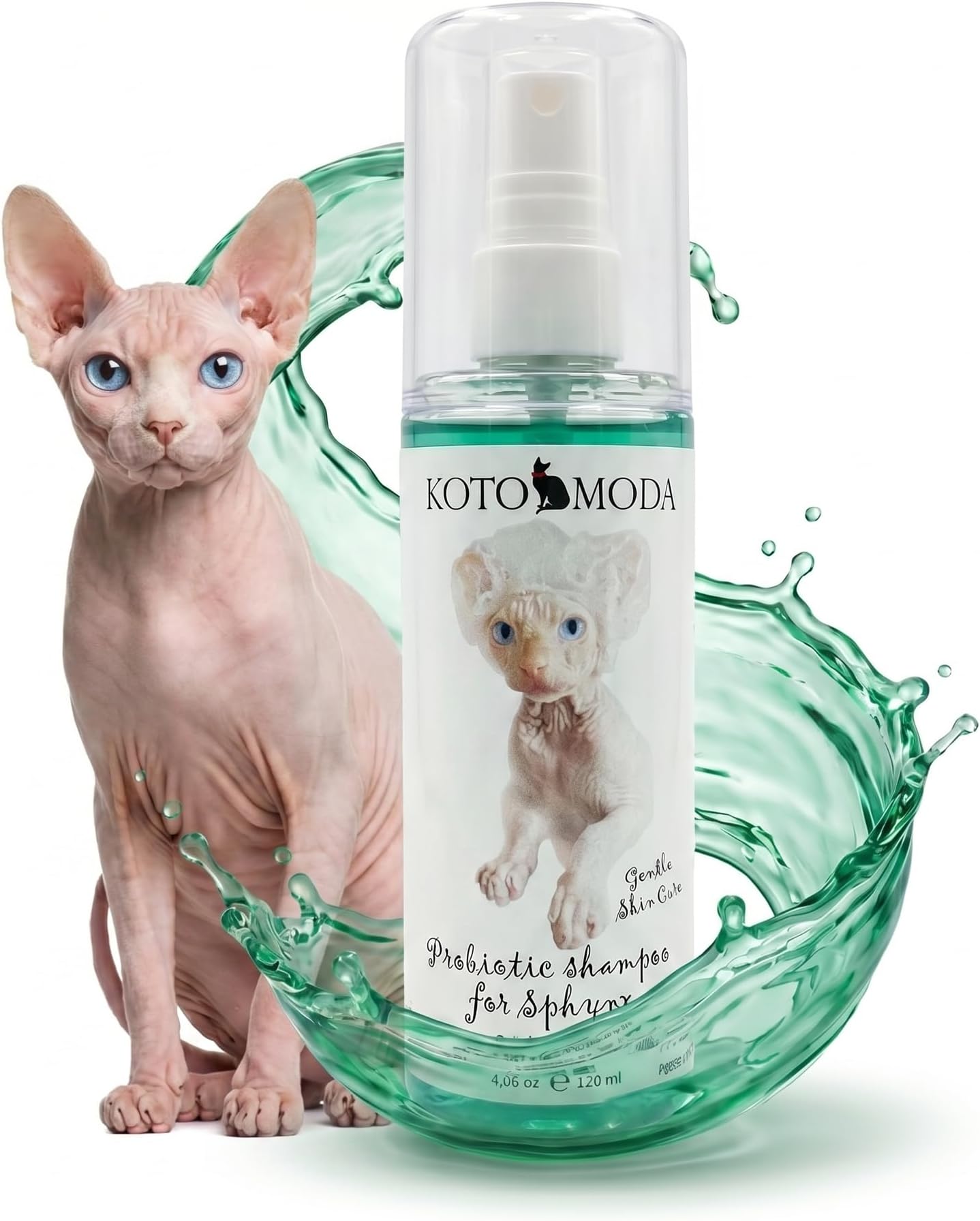 Probiotic Shampoo for Sphynx Cats, Gentle Unscented Cleanser for Hairless and Short-Hair Breeds, pH Balanced Moisturizing Formula for Sensitive Skin, 4.06 fl oz / 120 ml