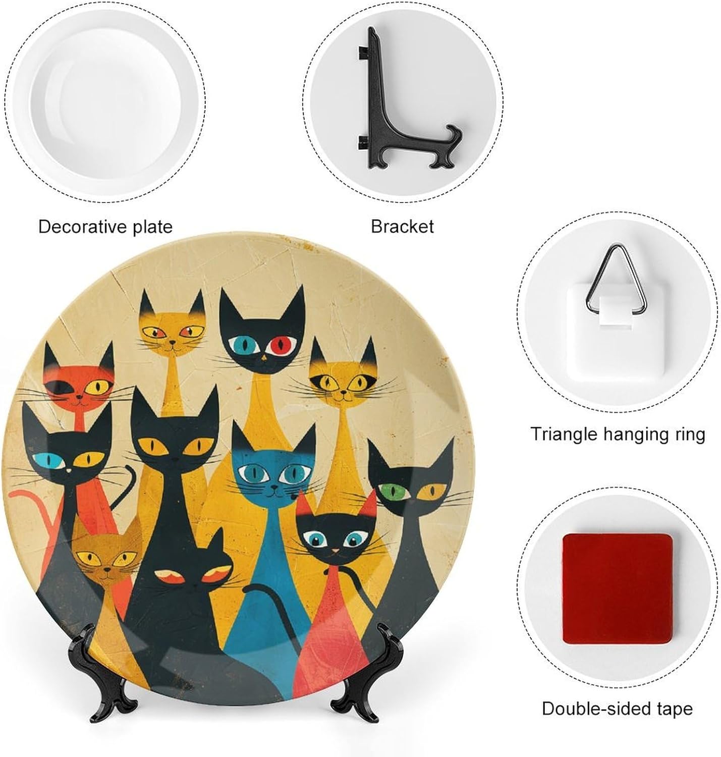 A Group of Cats Ceramic Plate 10inch Decorative Bone China Wall Hanging Ornament Plates Bohemian Style Dinner Plate with Display Stand Cabinet Display Plates for Home Art Decor