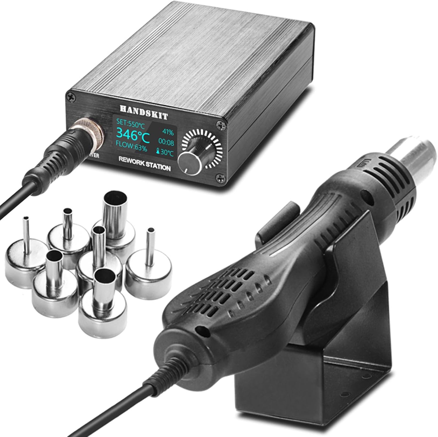 Hot Air Rework Soldering Station,Craft Heat Gun with Digital Display Adjustable Temperature Solder Iron Station Kit Desoldering Heat Gun Wick Tool with 7 Nozzles 700W SMD Welding Heating Gun