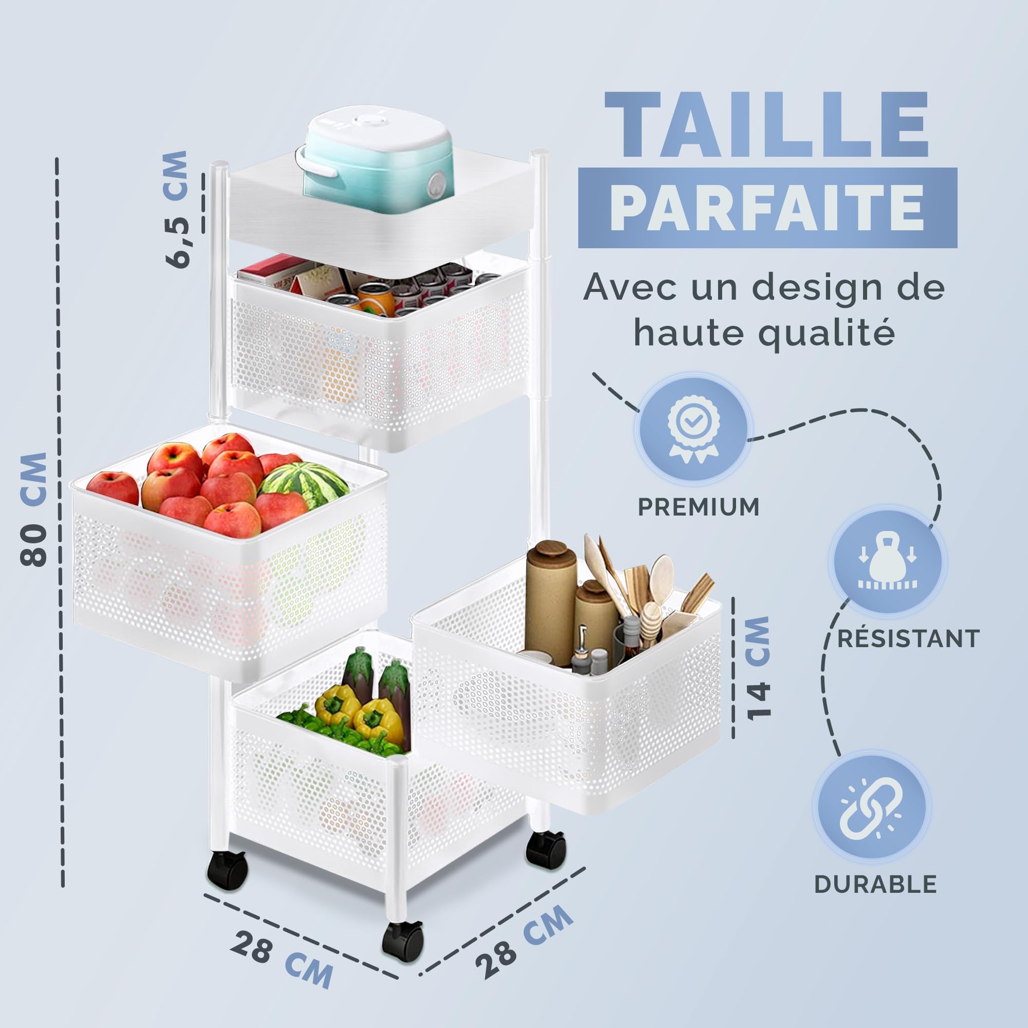 JUPPLIES Desserte à roulettes 4 Niveaux Pivotante
