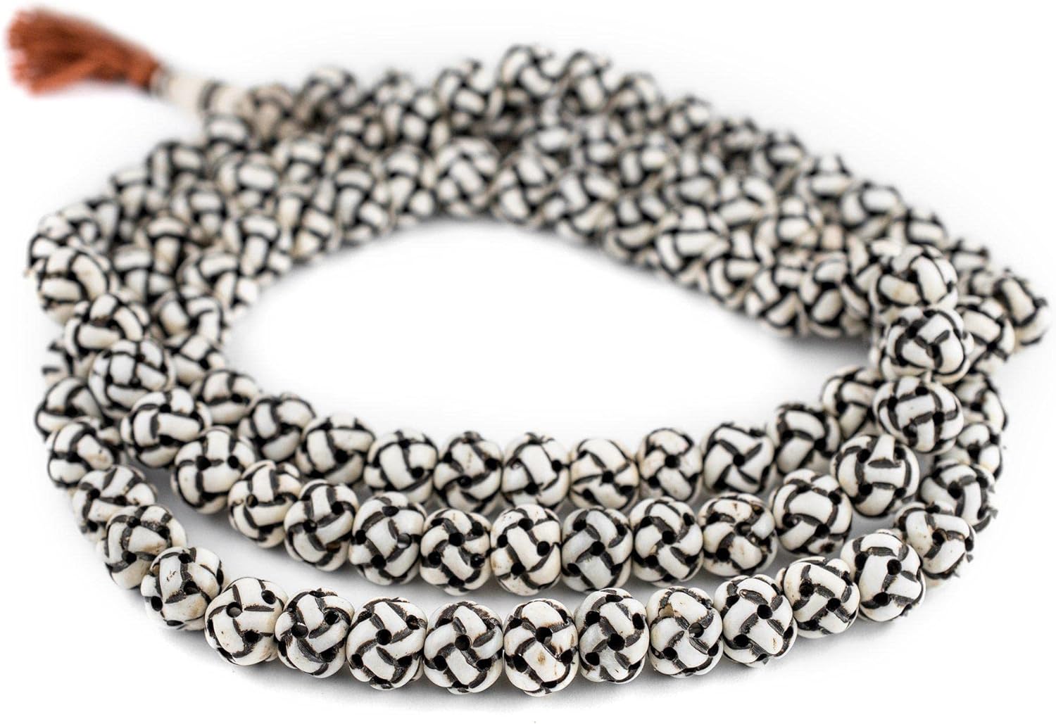 The Bead Chest Premium Woven Carved Bone Prayer Beads 13mm Nepal Black and White Round Large Hole 44 Inch Strand