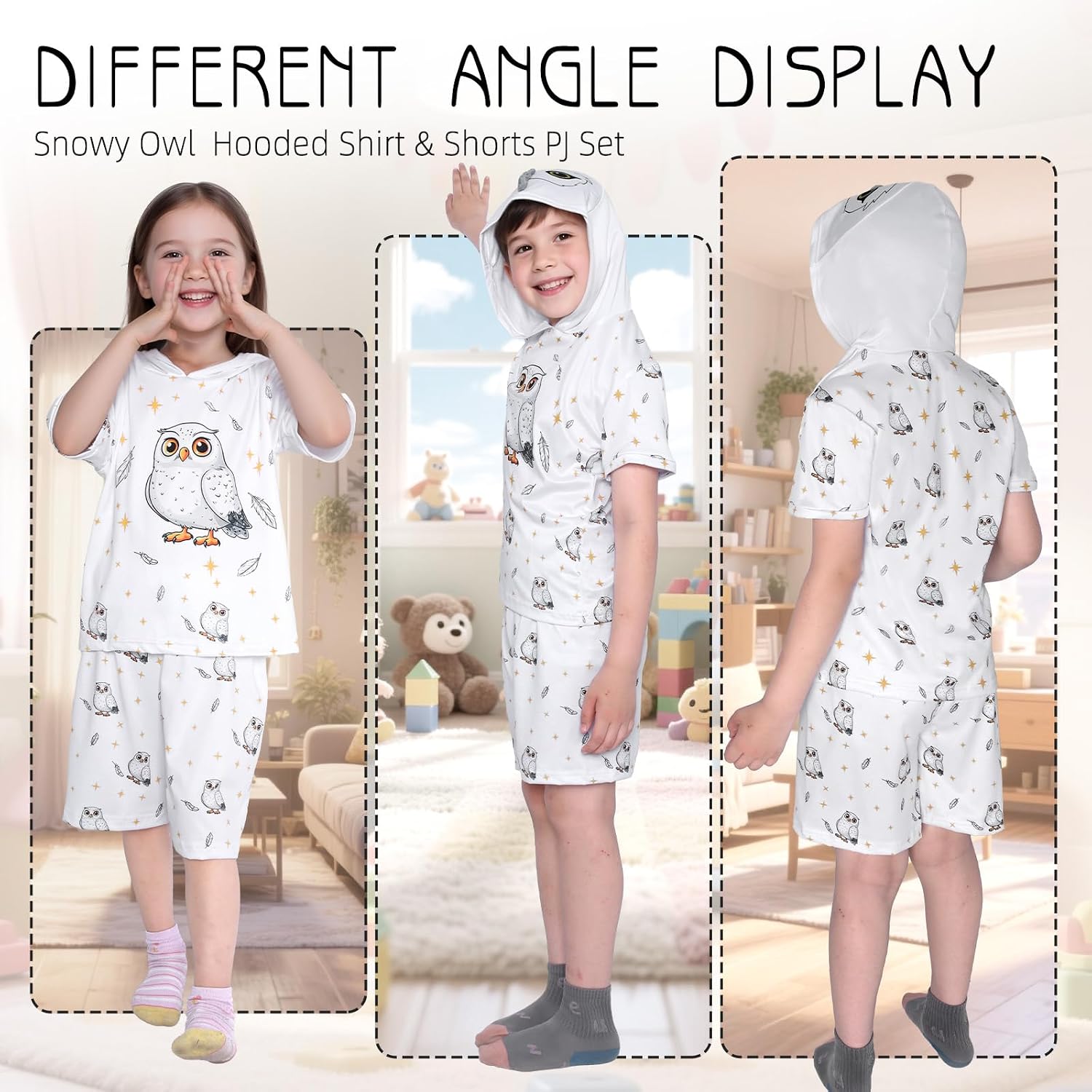 Snowy Owl Boy and Girl Short Sleeve Kids Clothes, Children's Summer Set, Cute Cartoon, Comfortable Fit