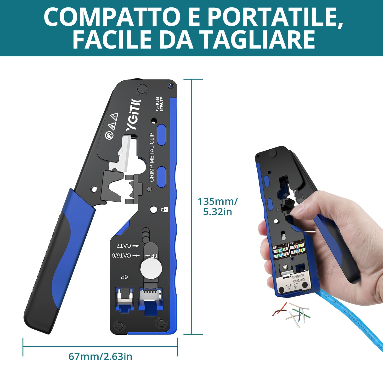 Pinza Crimpatrice RJ45 CAT7 Professionale con 50 Connettori Schermati, Testatore Ricaricabile e Design Foro Passante - Kit Completo per Cavi Ethernet 10Gbps, Scatola Portatile Inclusa