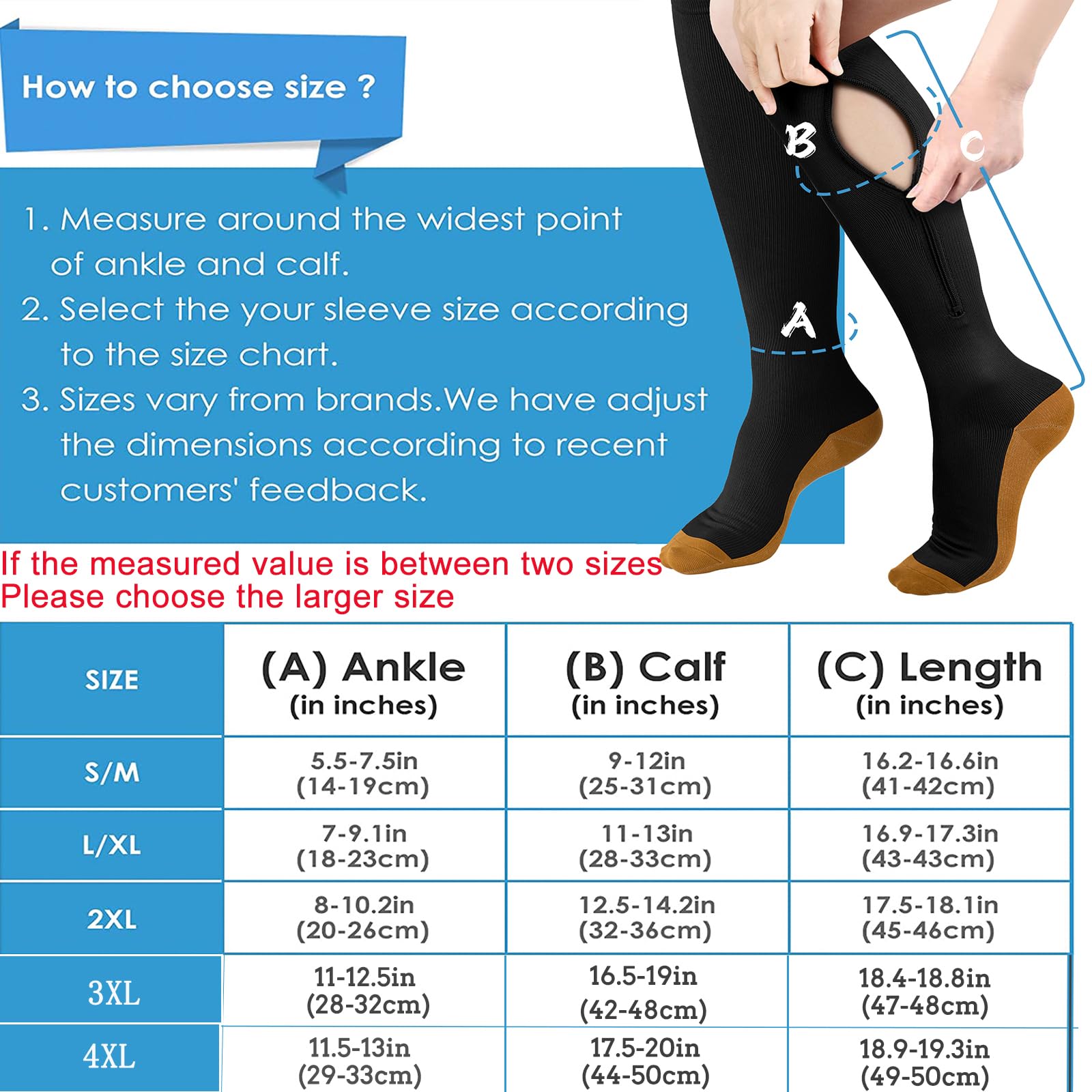 cerpite Calcetines de compresión con cremallera para hombre y mujer, 2 pares de 15 – 20 mmHg, punta cerrada, hasta la rodilla, para correr,