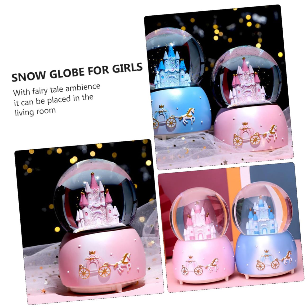 GLEAVI Globo Di Neve in Vetro Musica, Decorazione Da Scrivania Principessa Castello, Palla Di Neve Manuale Media Rosa Per Festa e Arredamento Casa