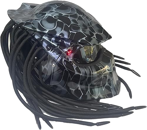 Miniatura 2 de Predator - Casco de motocicleta de cara completa con trenza para el cabello y luz LED para montar al aire libre o fiestas de club y cosplay,