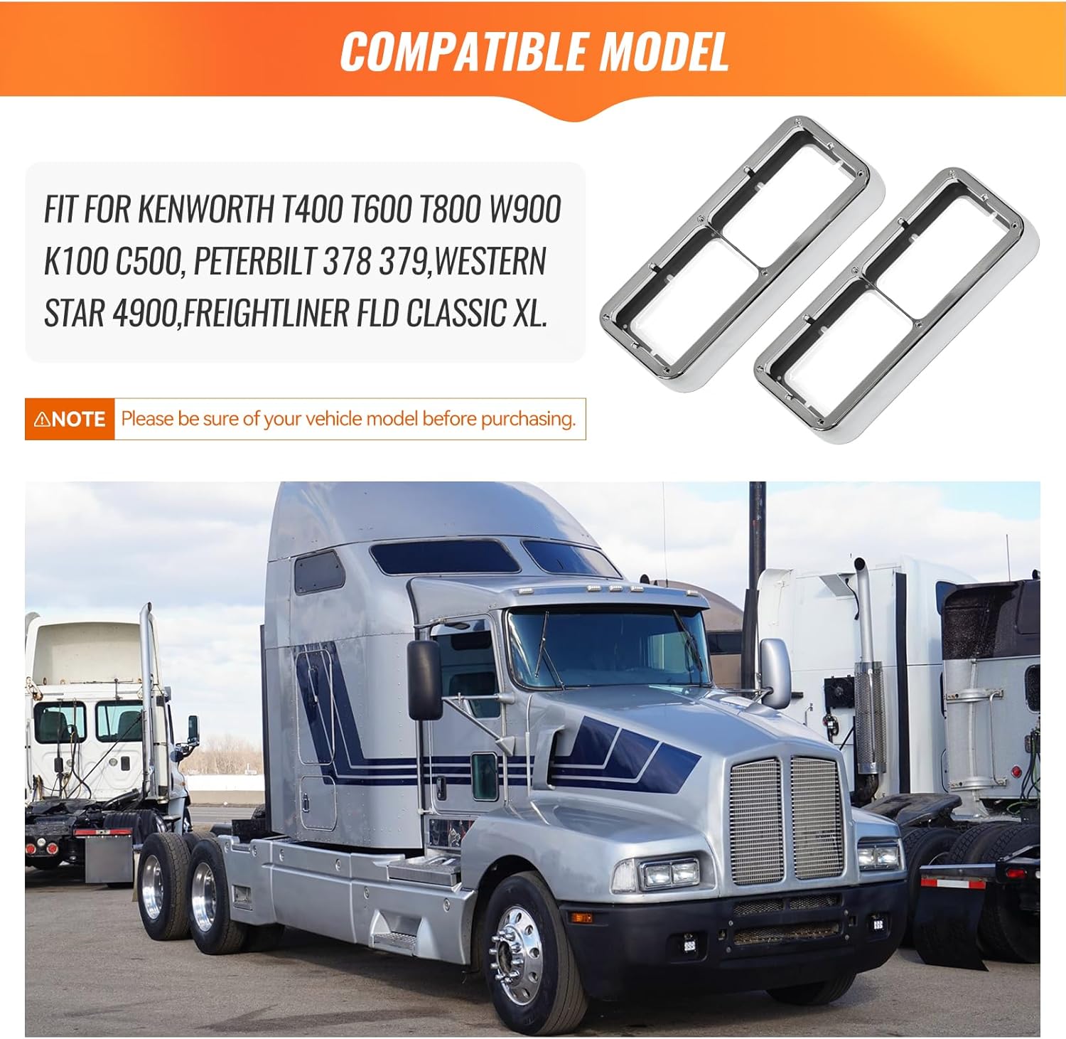 Chrome Headlight Bezel Compatible with Kenworth T400 T600 T800 W900 K100 C500 Peterbilt 378 379 Western Star 4900 Freightliner FLD Classic XL Driver and Passenger Side Semi Truck Accessories