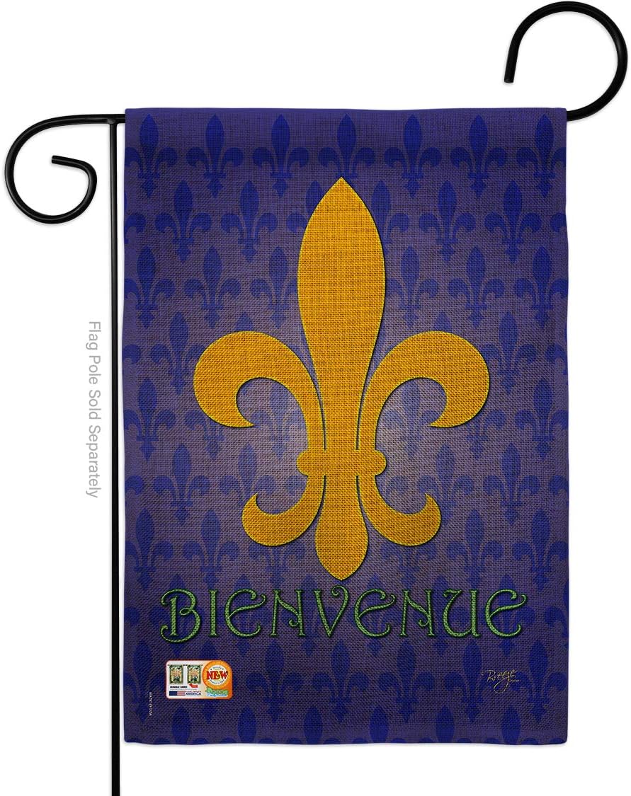 Bienvenue Burlap Garden Flag Country Living Fleur De Lys Vintage Flower Lily Lis French Party Mardi Small Decorative Gift Yard House Banner Double-Sided Made In USA 13 X 18.5
