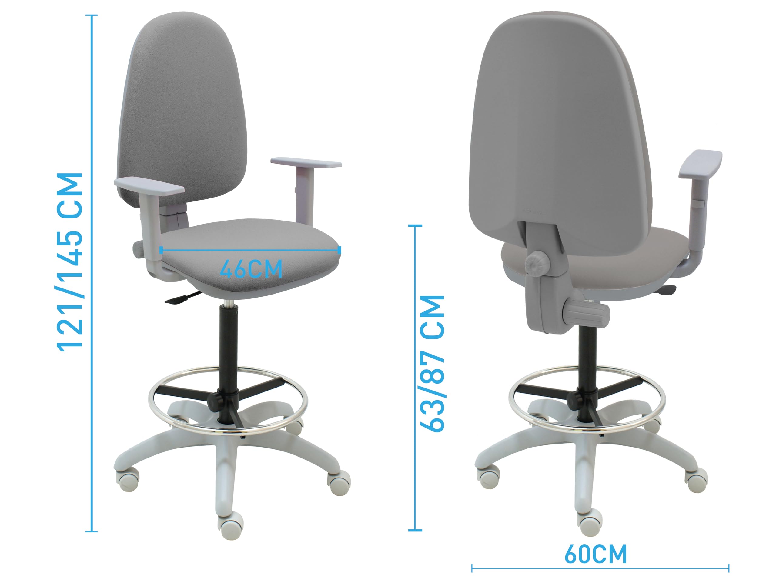La Silla de Claudia- Taburete Giratorio Torino Gris. Altura y Reposapiés Regulables. Taburete de Oficina tapizado con Reposabrazos (con Reposabrazos, Gris)