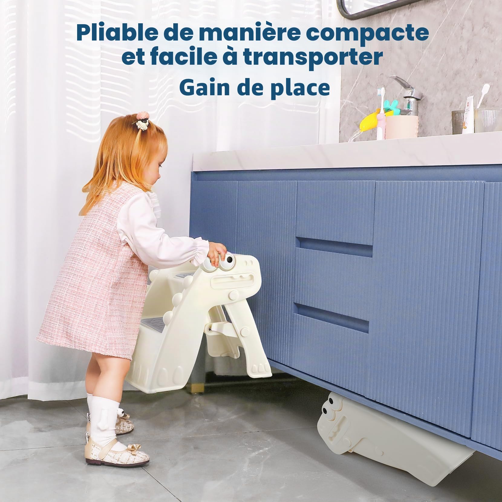 Marchepied Pliable pour Enfant, 2 marches, Antidérapant, Anti-basculement, Marche Enfant pour Salle de Bain et Cuisine (Crème)