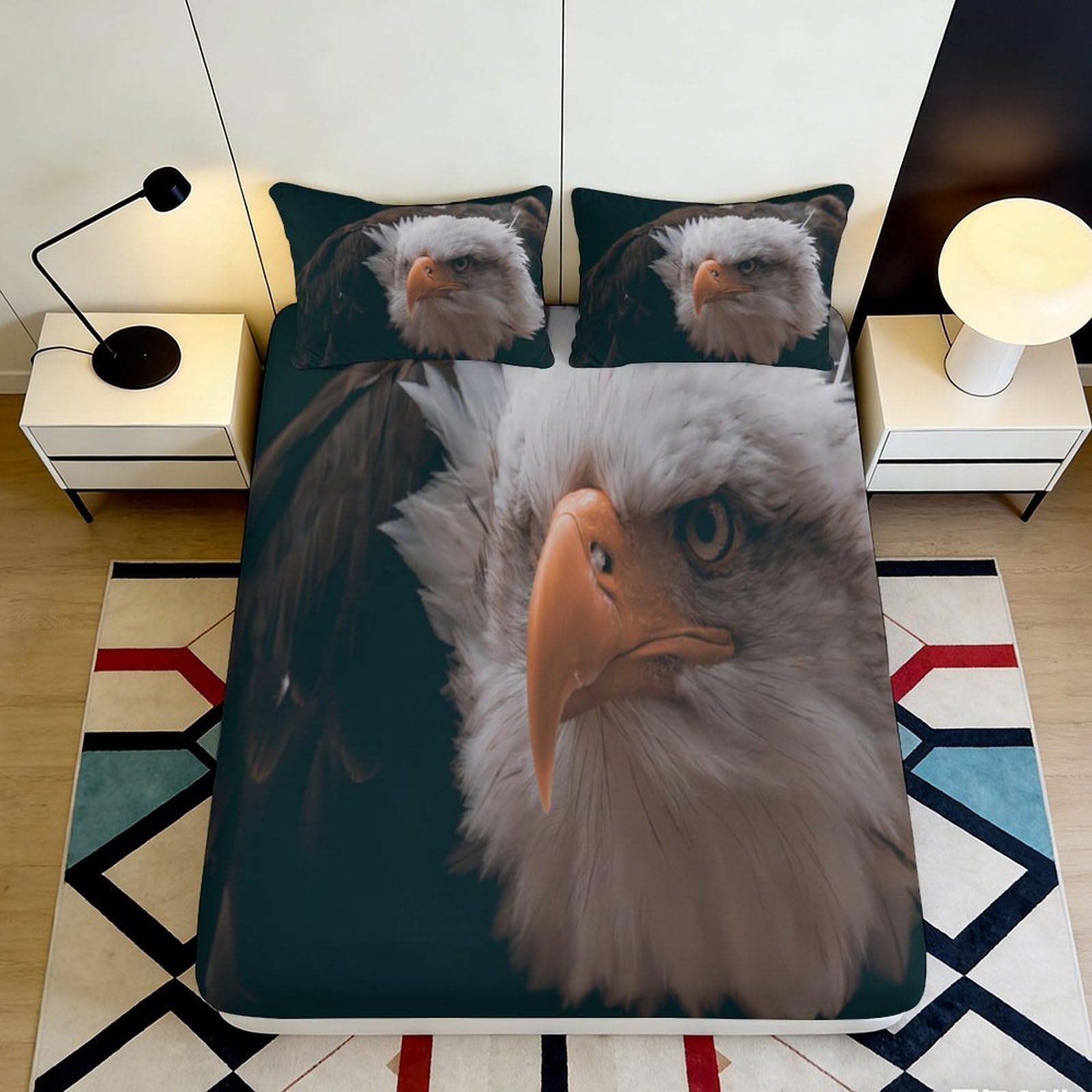 3D Printed Bald Eagle Fitted Sheet Microfiber Soft Durable Wildlife Bed Cover for Bedroom Guest Room Decor Protection 90x200x25cm