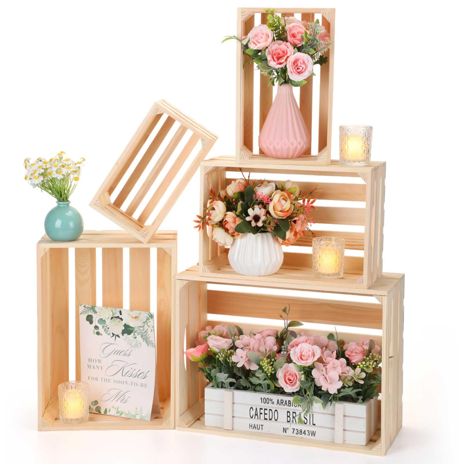 Soaoo 5 cajas decorativas de madera anidables para almacenamiento, 5 tamaños, grandes, pequeñas, de madera rústica, con asa, caja de madera de granja hecha de pino (color natural)