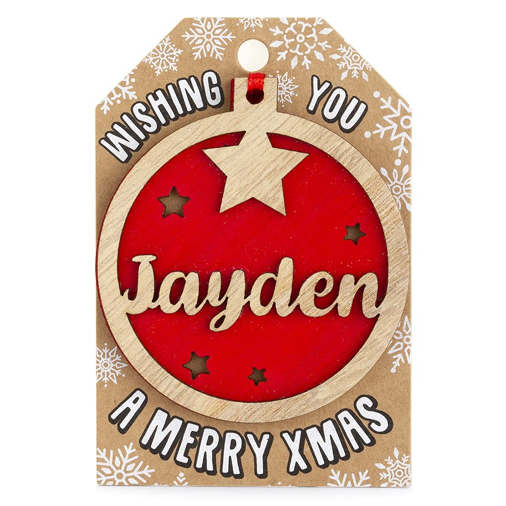 Personalised Wooden Jayden Name Red Hanging Christmas Tree Bauble Decoration