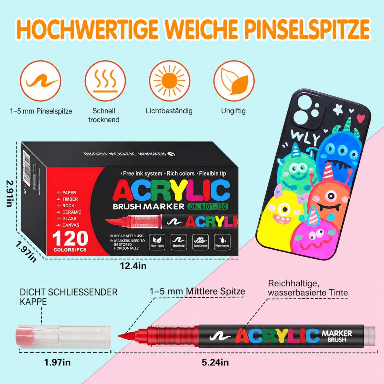 Efimeso 120 Farben Acrylstifte für Steine Wasserfest,Pinselmalstifte auf Wasserbasis Acrylic Paint Marker Acrylmalstifte für Holz, Leinwand, Holz, Stein, Keramik, Glas, Stoff