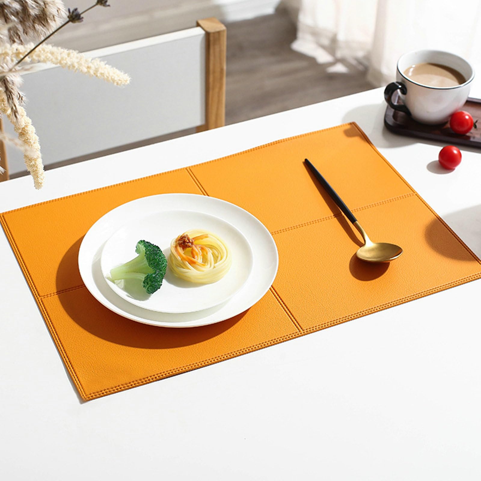 Juego de 6 manteles individuales rectangulares, antideslizantes, lavables, de piel, resistentes al calor, monocolor, estructura a cuadros, manteles individuales para cocina, color naranja y