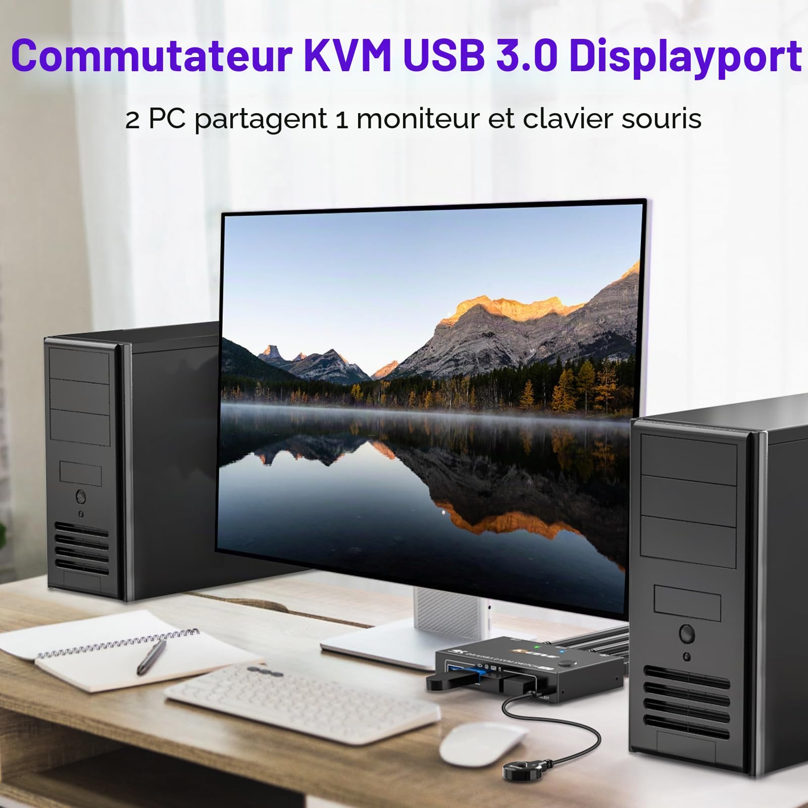 Commutateur KVM DisplayPort 4K @ 144 Hz, 2 PC 1 Moniteur, USB 3.0 pour 2 Pièces PC, 4 Appareils, Clavier, Souris avec Moniteur