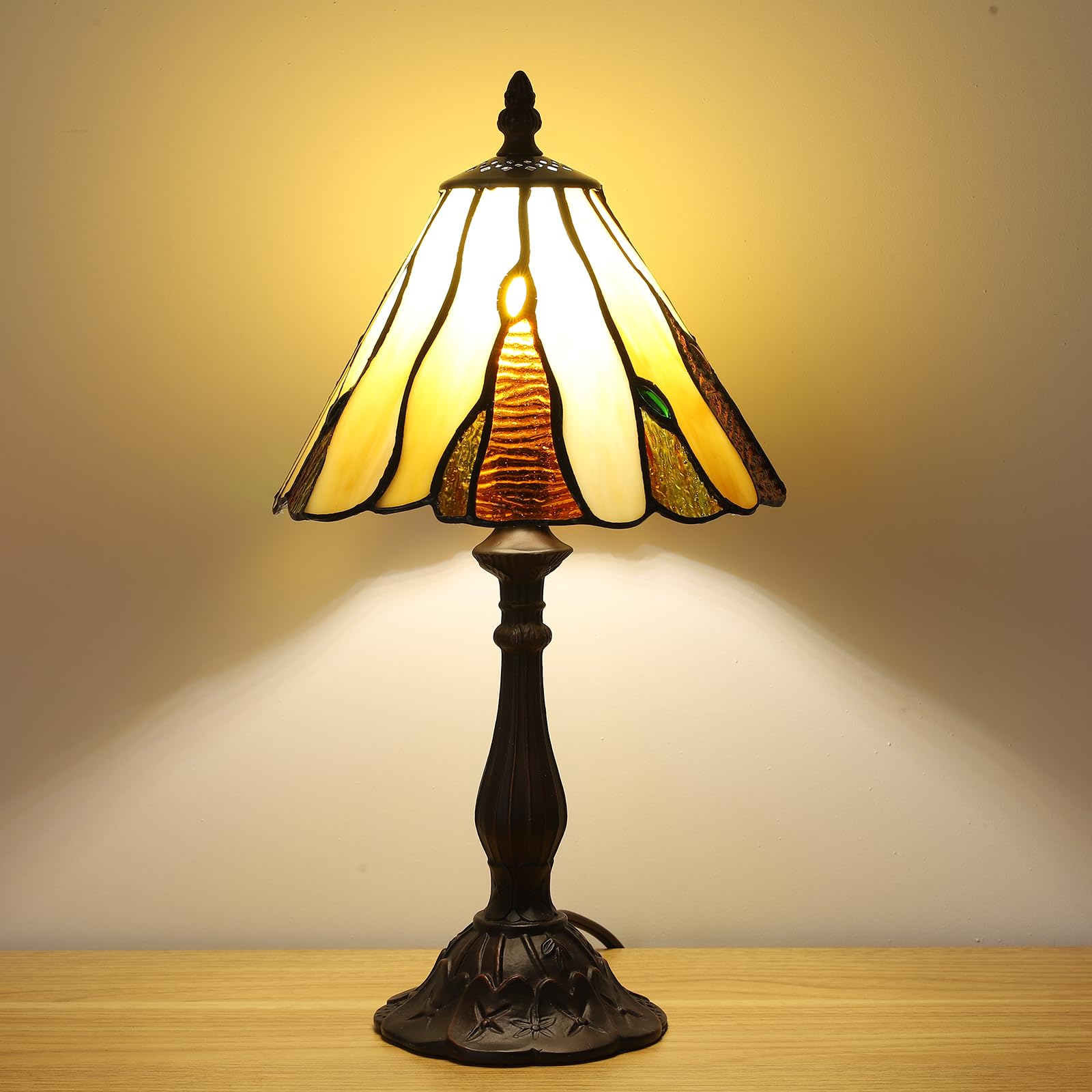 Tiffany Tischlampe, Vintage Glaslampenschirm, Dekorative Nachttischleuchte, Antik Bronze Tischleuchte mit E14 Fassung