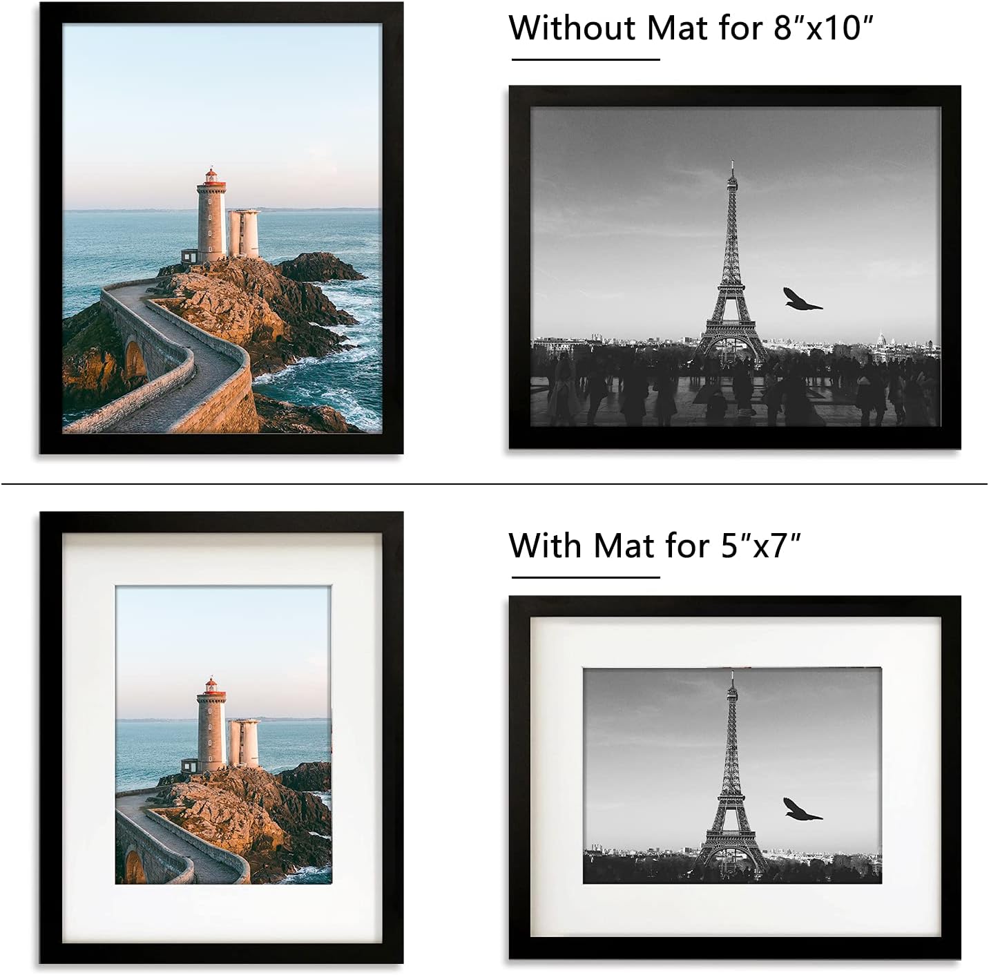 QYB Picture Frames 8x10 Picture Frames Set of 4 ,Display Pictures 5x7 with Mat or 8x10 Without Mat,Multi Photo Frames Collage for Wall or Tabletop Display,Black
