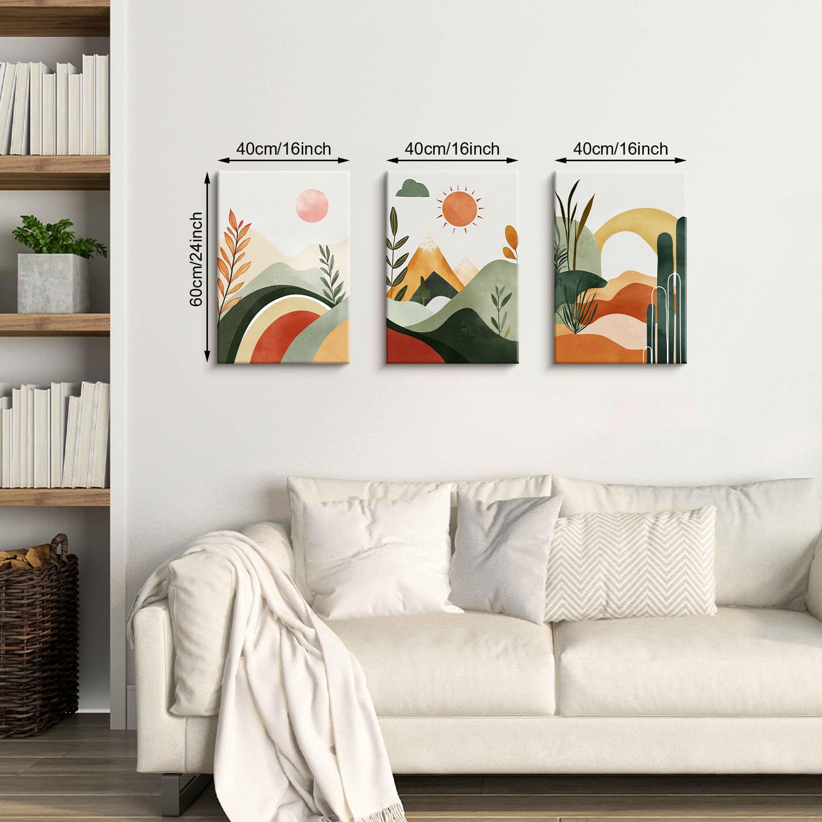 3 Pcs Green Boho Mountain Sun Illustration Canvas Wall Art - Image 2