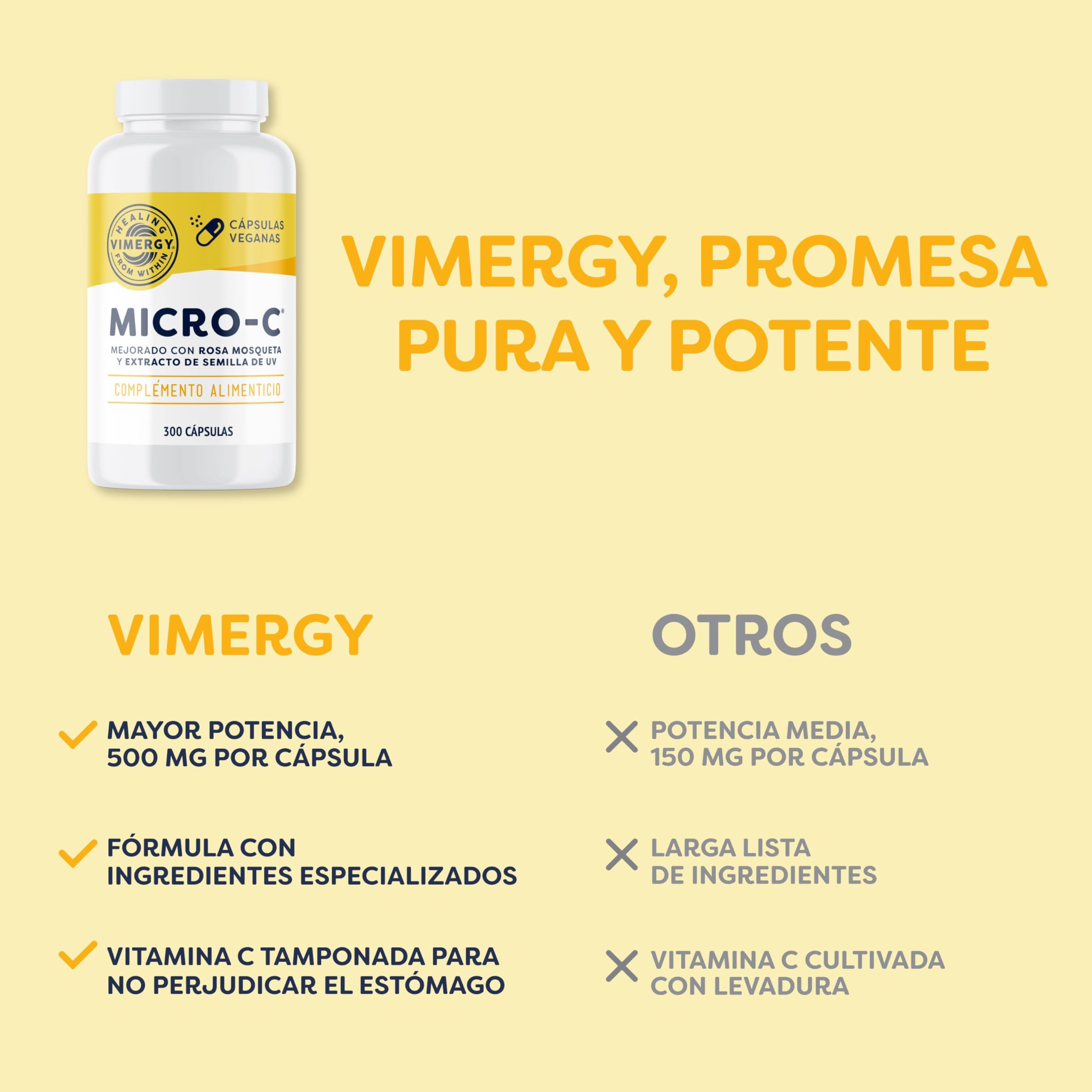 Vimergy Micro-C Vitamina C Cápsulas – 300 Dosis de Prueba – Vitamina C 500mg en Forma Menos Ácida – Escaramujo – Ayuda al Sistema Inmunológico y Musculoesquelético - Sin Gluten - Kosher - Vegano