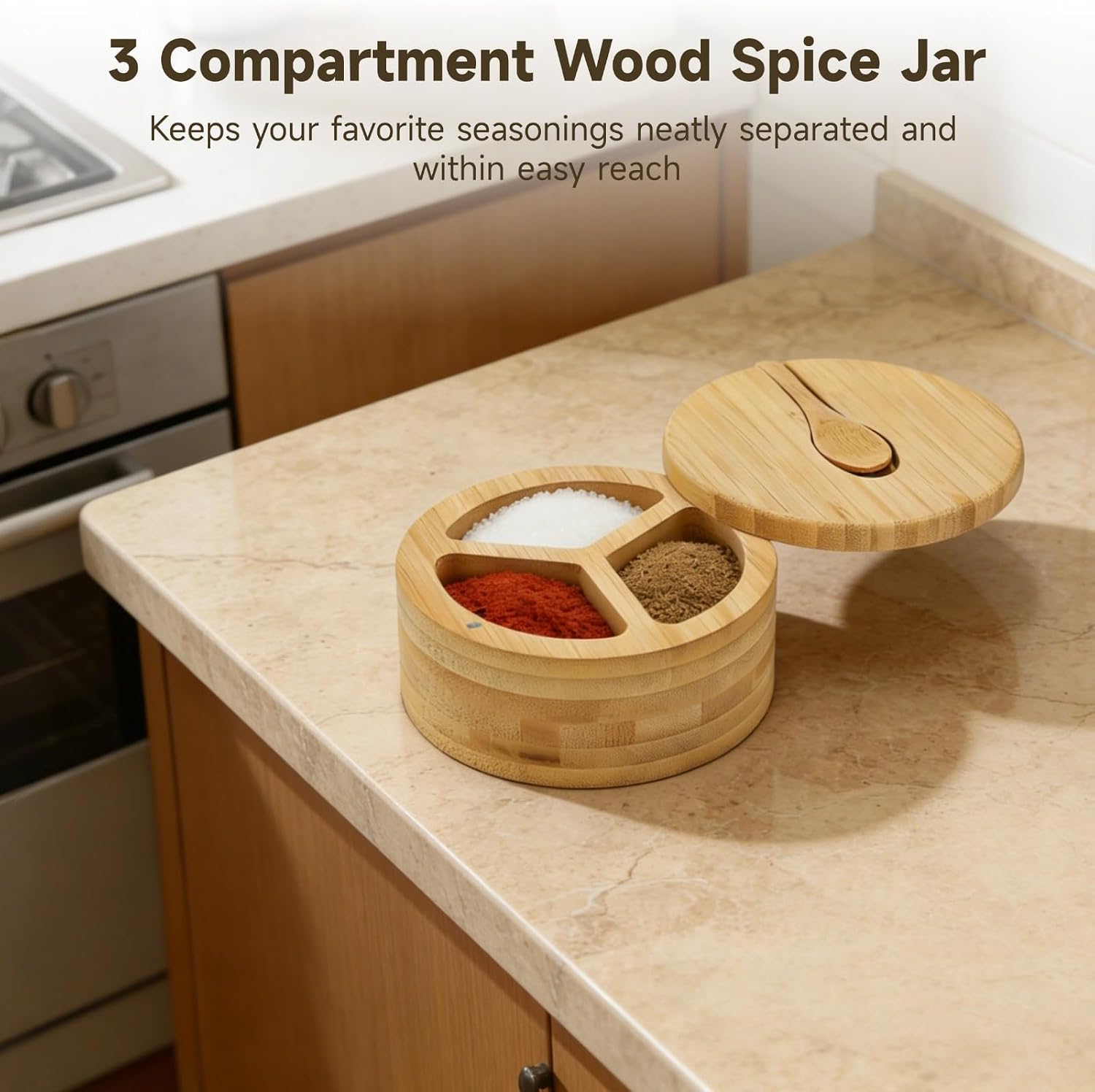3 Compartment Wood Spice Jar, Salt and Pepper Holder with Rotating Lid & Spoon, Dustproof Condiment Container for Kitchen Countertop, Versatile Spice Cellar for Home Cooking, Picnic, BBQ, Restaurant