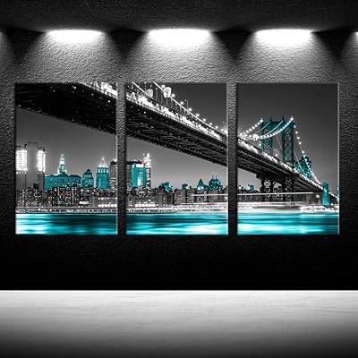 iKNOW FOTO Black and Blue Canvas Print for Home Decoration 3 Panels New York City Manhattan Skyline Bridge at Night Landma...