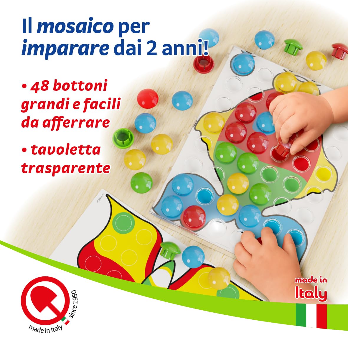 Quercetti Fantacolor Junior,Gioco Educativo Mosaico Bambini 3D con Bottoni Colorati per Bambini Giochi Bambini 2 Anni con Valigetta Portatile 48 Bottoni e 16 Schede Regalo Bimba 2 Anni Made in Italy